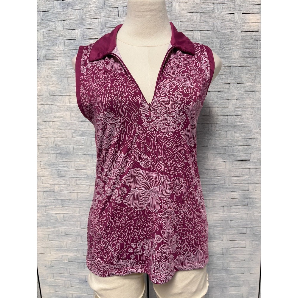 Tommy Bahama Womens M Golf Tennis Polo Purple Coral Print Zip Sleeveless Shirt